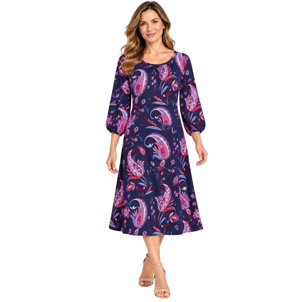 Talbots Paisley Midi Dress Womens 10 Navy Blue NWT Floral Puff Sleeve Jersey
